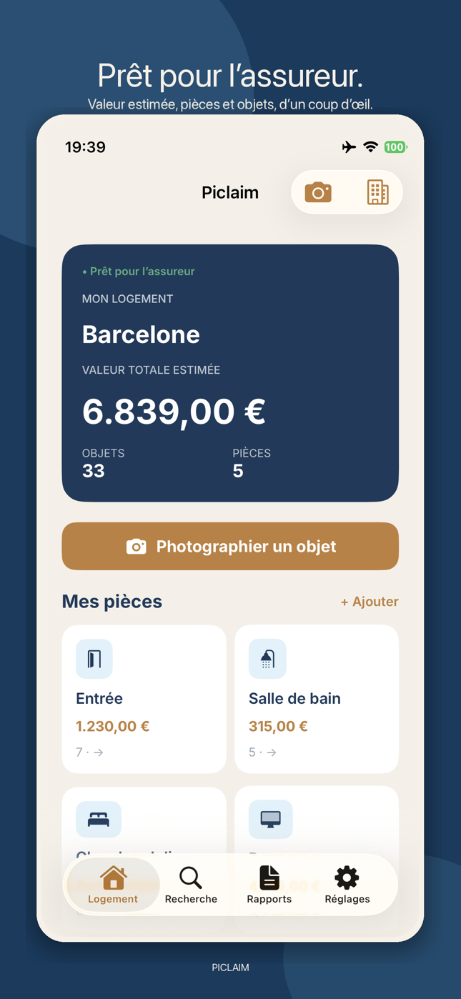 Piclaim — écran d’accueil iPhone, inventaire photo du logement