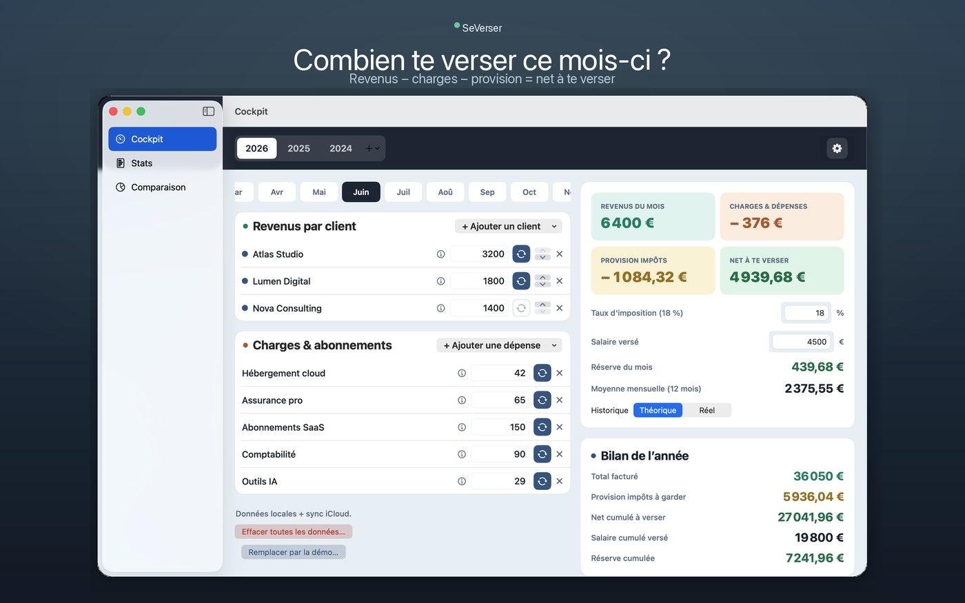 SeVerser — cockpit Mac : revenus, charges, provision et net à te verser